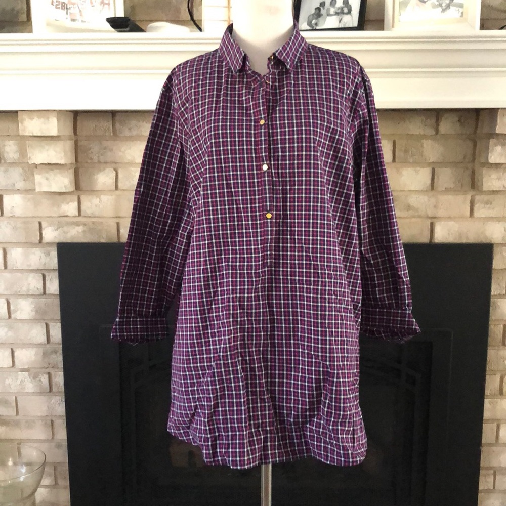 Land’s End Navy Pink White Plaid Half Button Pullover Top size 18